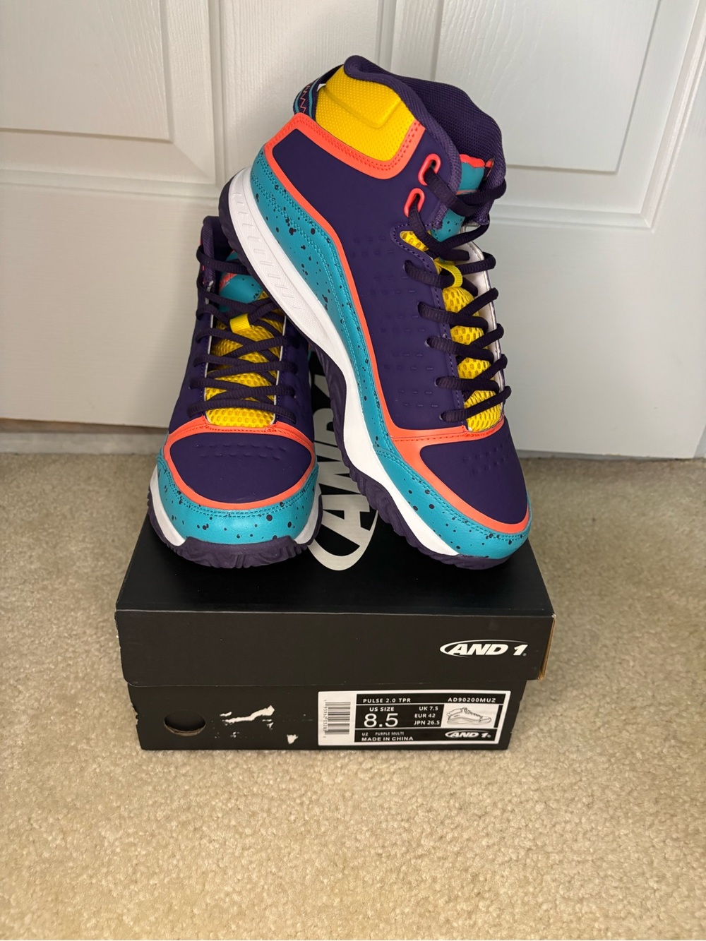 And1 Purple, Teal, Yellow & Coral High-Top Sneakers Size 8.5 New